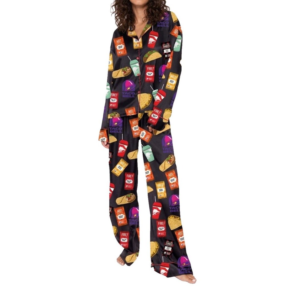 SHESHOW 2pc Taco Bell Fan Notch Collar PJ Lounge Set Long Sleeve Satin Women's M